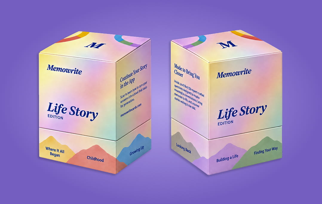 Two Memowrite Cards Life Story Edition boxes with pastel gradient artwork on a violet background