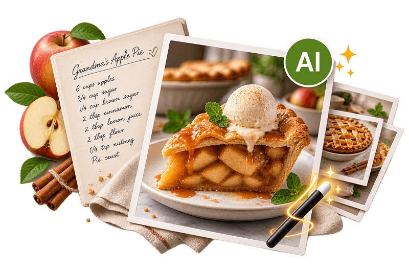 A handwritten apple pie recipe card next to an AI-generated photo of the finished pie