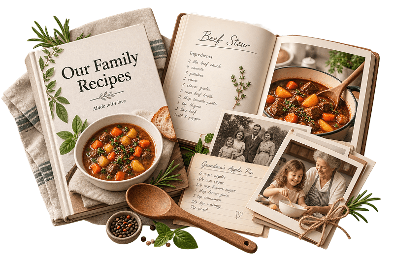 A printed family cookbook open beside old recipe cards and family photos