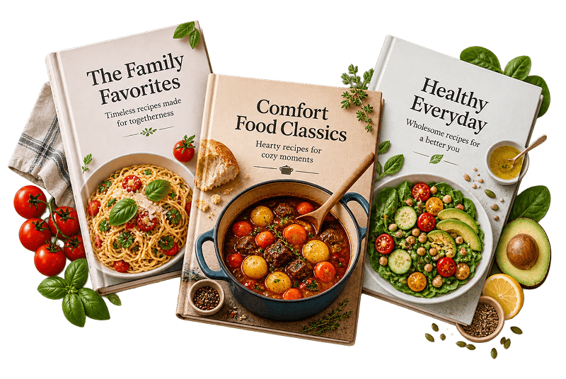 Three cookbook covers with different themes surrounded by fresh ingredients