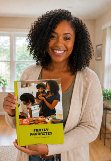 Woman holding a yellow Family Favorites cookbook in her kitchen