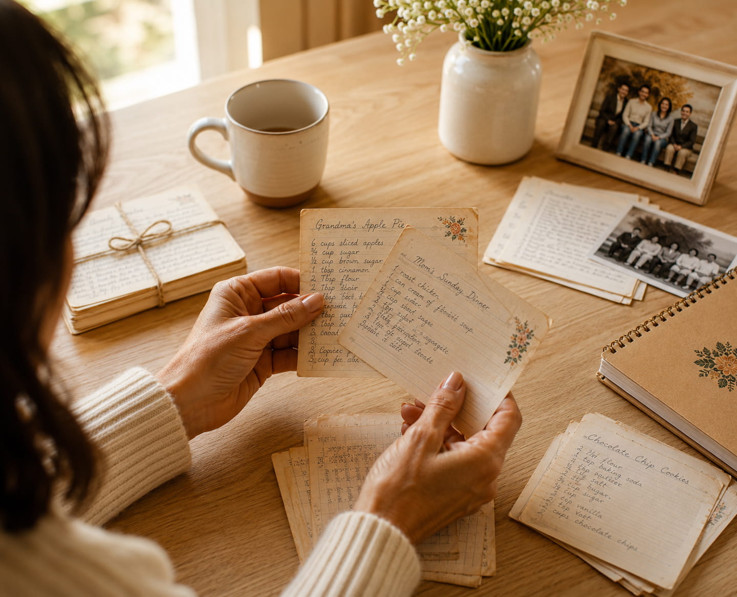 A woman reading handwritten family recipe cards at a sunlit kitchen table