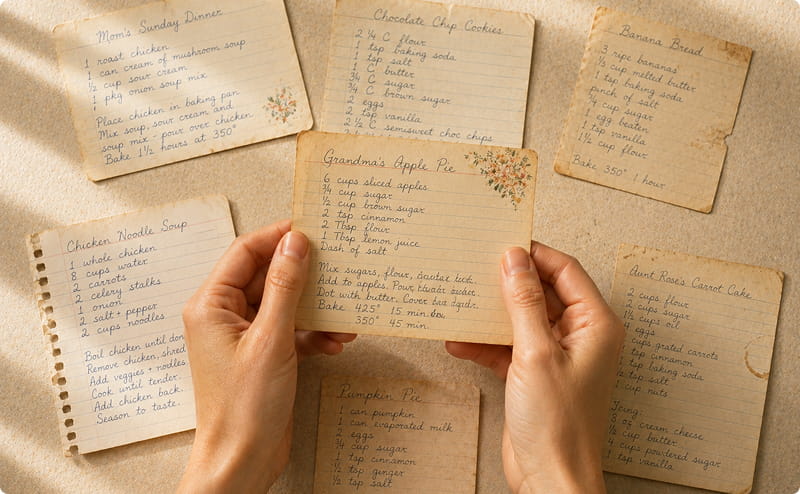 Hands holding a handwritten recipe card among vintage family recipe cards