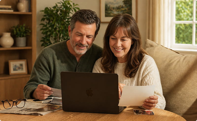 A couple smiling as they add family recipes and photos on a laptop at home