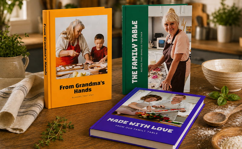 Three finished printed family cookbooks standing on a wooden kitchen table