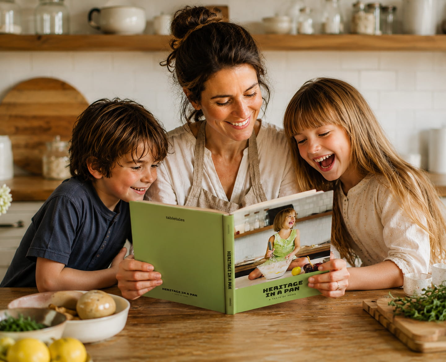A mother and two children smiling over an open TableTales cookbook in a kitchen